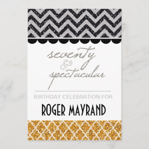 Invitation Parties scintillant Black, Silver, Gold 70th Birth