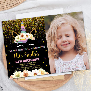 Invitation Parties scintillant Black Unicorn Anniversaire Inv