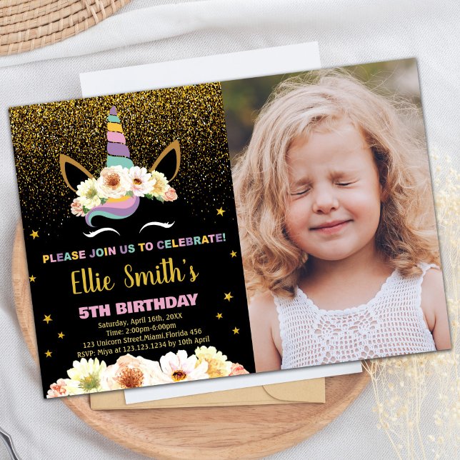Invitation Parties scintillant Black Unicorn Anniversaire Inv (Glitter Black Unicorn Birthday Invitations w photo)