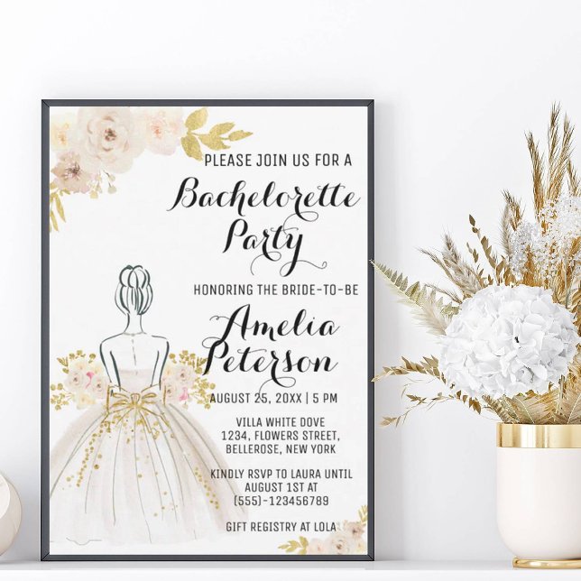 Invitation Parties scintillant blanche Blush Gold Robe Bachel (Créateur téléchargé)