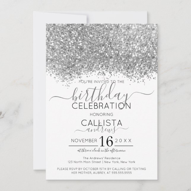 Invitation Parties scintillant blanche en argent de luxe Conf (Devant)