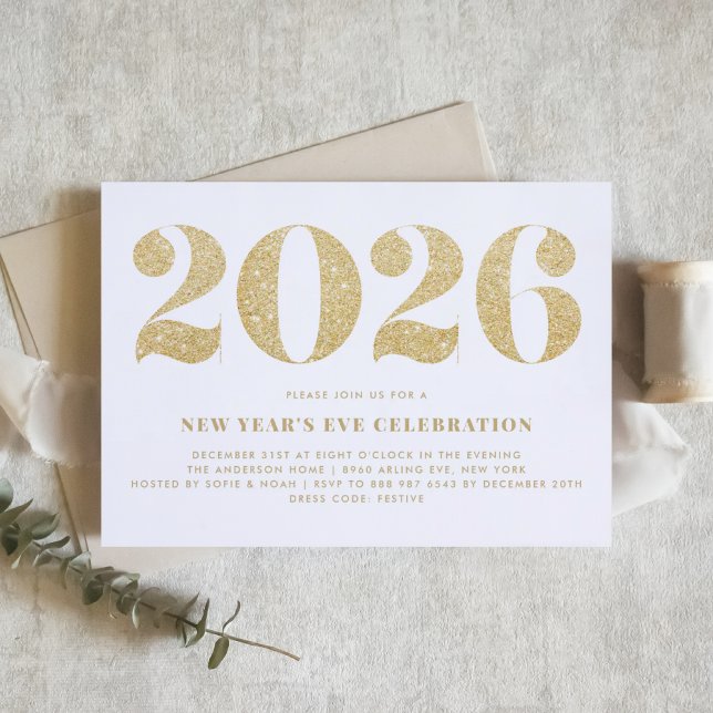 Invitation Parties scintillant blanche et or 2024 Soirée du N (Customizable 2026 New Year's Eve party invitation featuring faux gold glitter.)