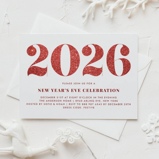 Invitation Parties scintillant blanche et rouge 2024 Soirée d (Customizable 2026 New Year's Eve party invitation featuring faux red glitter.)