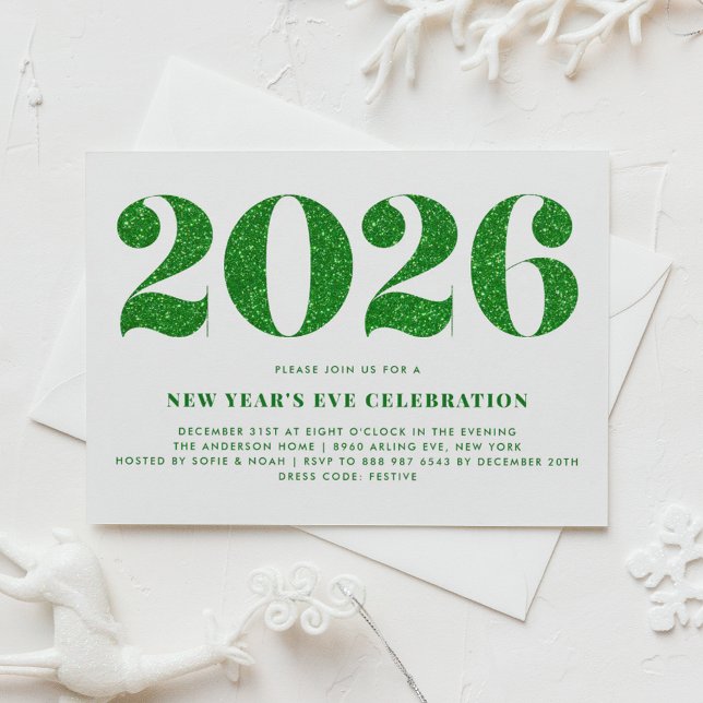 Invitation Parties scintillant blanche et verte 2024 Soirée d (Customizable 2026 New Year's Eve party invitation featuring faux green glitter.)