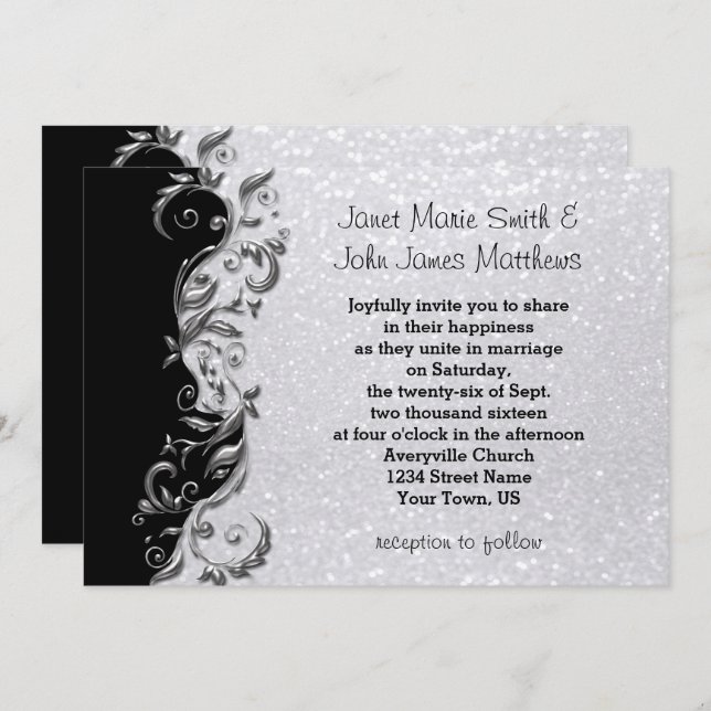Invitation Parties scintillant blanche, Mariage floral noir e (Devant / Derrière)