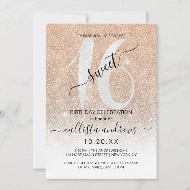 Invitation Parties scintillant blanche Ombre Sweet 16 (Devant)
