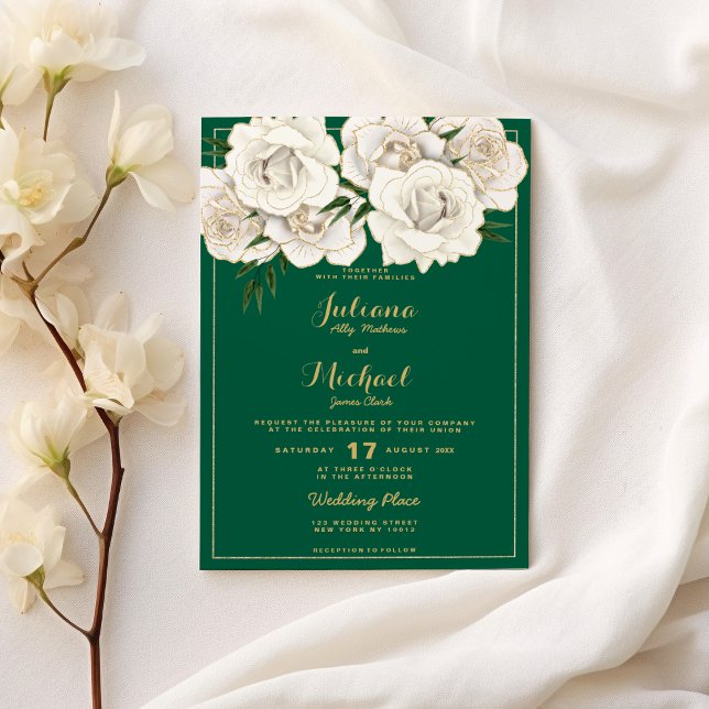 Invitation Parties scintillant blanche verte or rose Mariage  (Green white gold glitter roses floral Wedding )