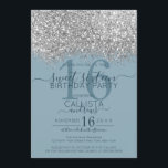Invitation Parties scintillant bleu argent de luxe Confetti S<br><div class="desc">L'invitation élégante, glamour et moderne à la fête d'anniversaire de sweet sixteen est parfaite pour la jeune adolescente contemporaine et élégante. Il présente un confetti à parties scintillant brillante en argent faux imprimé sur le dessus d'un simple arrière - plan bleu poussiéreux avec un grand numéro "16" dans un ton...</div>