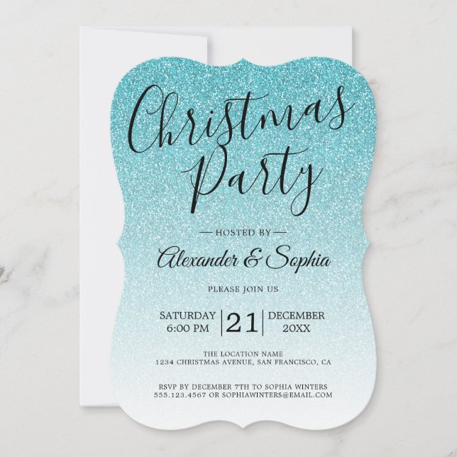 Invitation Parties scintillant Bleu Chic Script Ombre Christm (Devant)