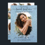 Invitation Parties scintillant bleu clair Halo photo Collage<br><div class="desc">Cette jolie et girly sweet sixteen anniversaire photo collage invitation est parfait pour la fille branchée et élégante. Il est doté d'un halo de brosse à parties scintillant bleu clair imbriqué sur une grande photo de fonction et d'une élégante typographie manuscrite de script cursif. Sur le dos, quatre images personnalisables...</div>