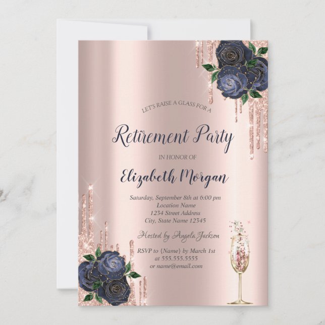 Invitation Parties scintillant, Bleu de la Marine Roses retra (Devant)