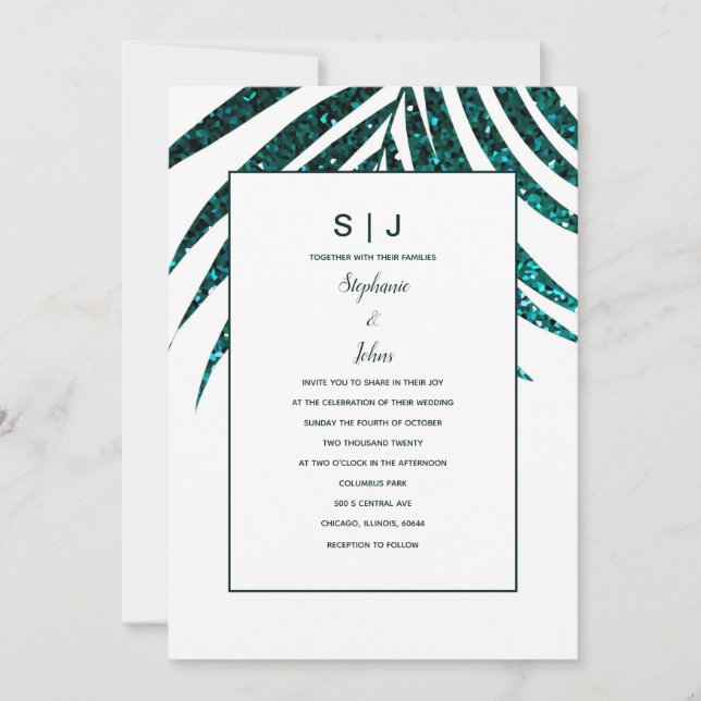 Invitation Parties scintillant bleu feuille de palme Mariage  (Devant)