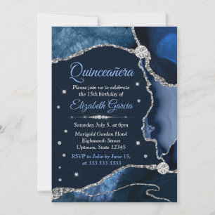 Invitation Parties scintillant bleu marine et argent Agate Qu
