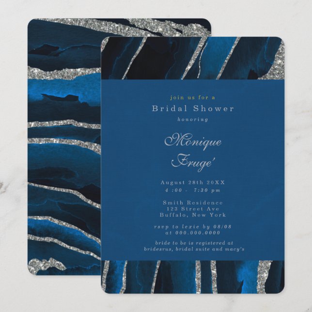 Invitation Parties scintillant bleu marine et argent Fête des (Devant / Derrière)