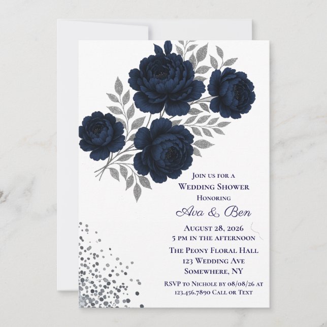 Invitation Parties scintillant bleu marine et argent Feuille  (Devant)