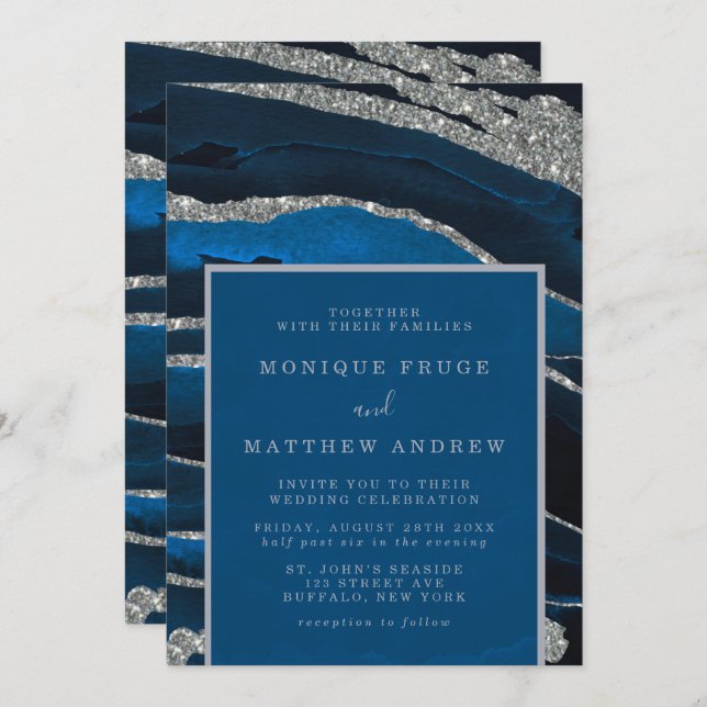 Invitation Parties scintillant bleu marine et argent Mariage  (Devant / Derrière)