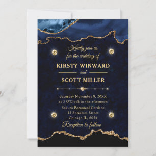 Invitation Parties scintillant bleu marine et or Agate Marbre