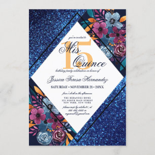 Invitation Parties scintillant bleu marine Floral Aquarelle M
