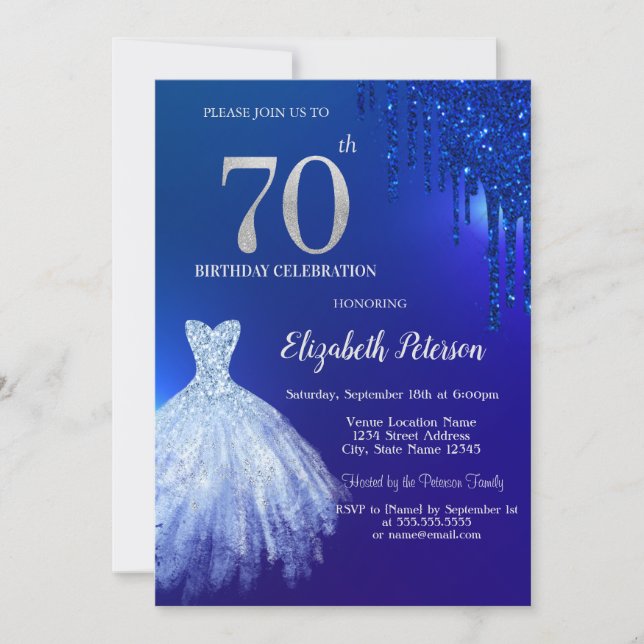 Invitation Parties scintillant bleu marine, robe bleu 70e ann (Devant)