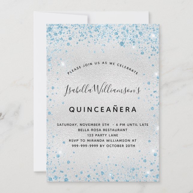 Invitation Parties scintillant bleu Quinceanera (Devant)