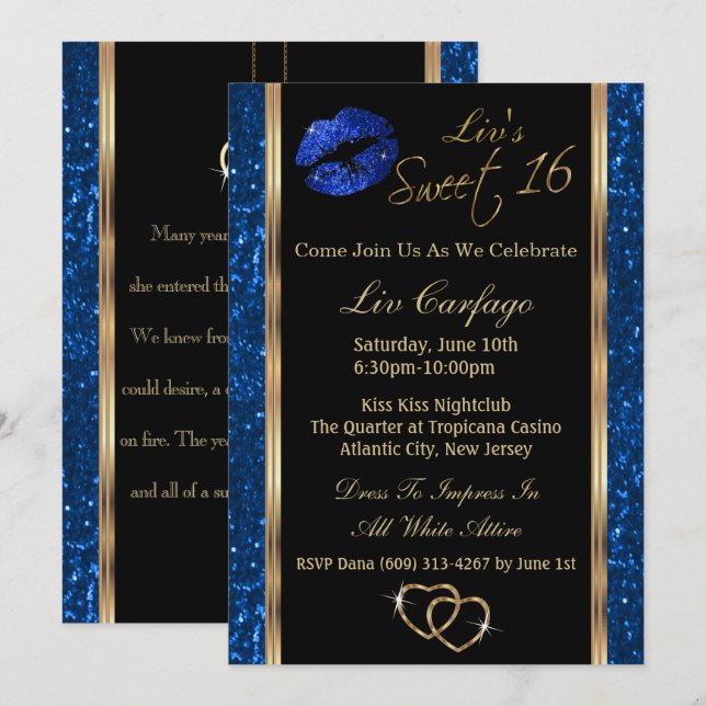 Invitation Parties scintillant bleue 16 sucrée (Devant / Derrière)