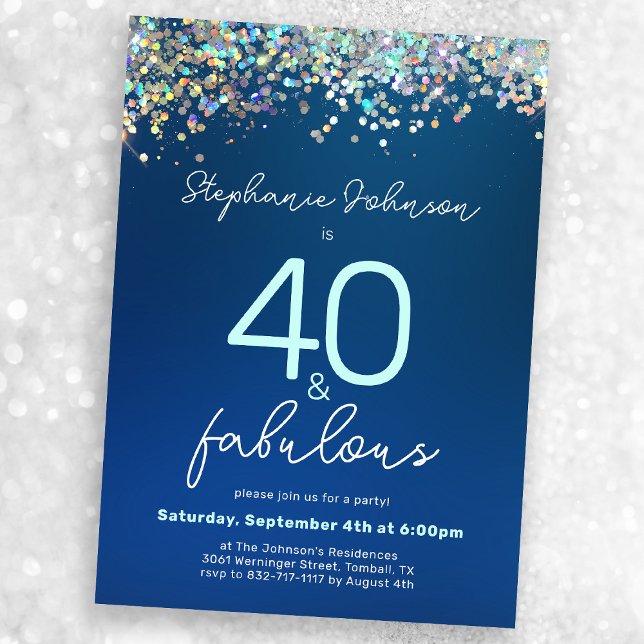 Invitation Parties scintillant bleue 40 et Fabulous 40th Birt (Mock-up view)
