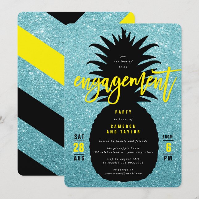 Invitation Parties scintillant bleue ananas chic Wedding show (Devant / Derrière)