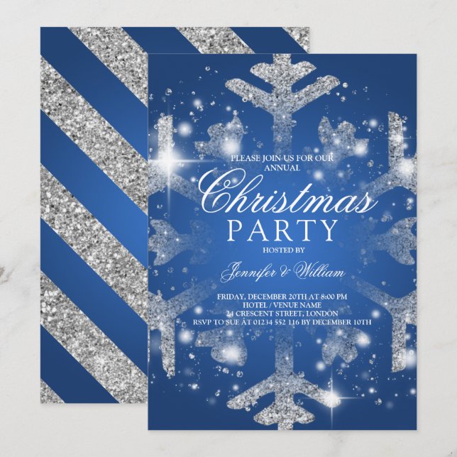 Invitation Parties scintillant Bleue Argent Fluge de Noël Fêt (Devant / Derrière)