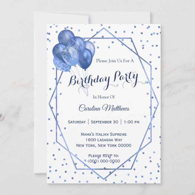 Invitation Parties scintillant Bleue Ballons Cadre Anniversai (Devant)