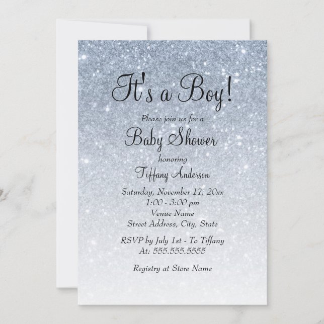 Invitation Parties scintillant bleue C'est un Baby shower gar (Devant)