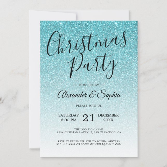 Invitation Parties scintillant Bleue Chic Script Ombre Noël P (Devant)
