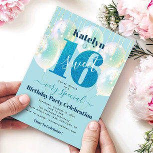 Invitation Parties scintillant Bleue Douce 16 Ballons d'anniv