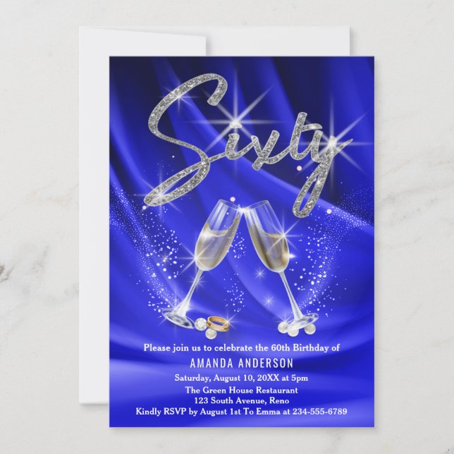 Invitation Parties scintillant bleue et argent Glam 60e anniv (Devant)