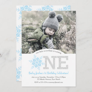 Invitation Parties scintillant Bleue et argent Snowflake 1er 