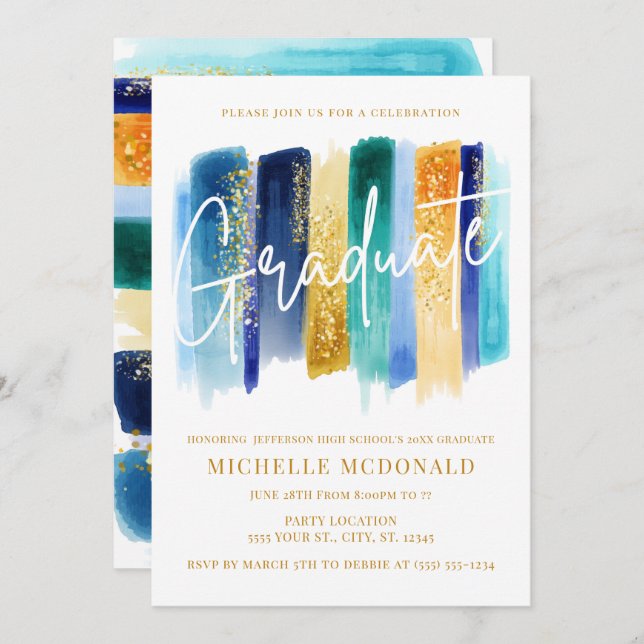 Invitation Parties scintillant Bleue et Or Graduation Party (Devant / Derrière)