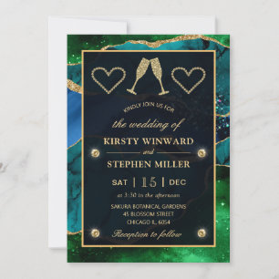 Invitation Parties scintillant bleue et verte et or Peacock A