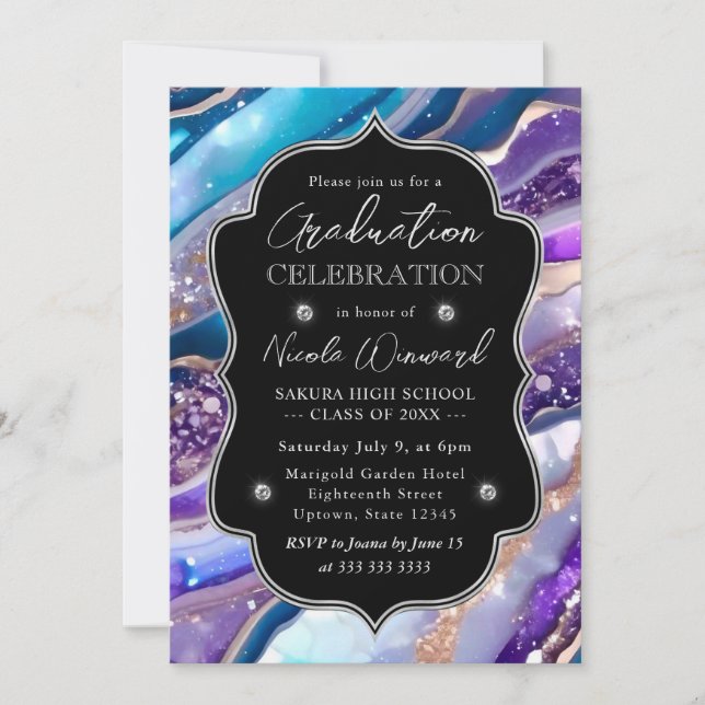 Invitation Parties scintillant bleue et violet marbre Agate G (Devant)