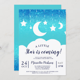 Invitation Parties scintillant bleue étoile de la lune baby s