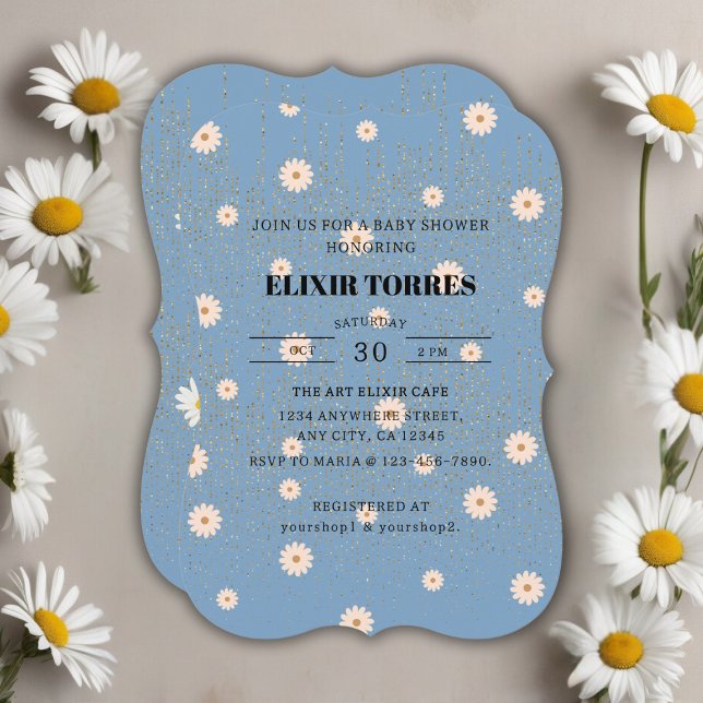 Invitation Parties scintillant bleue Golden Daisy Baby shower (Créateur téléchargé)