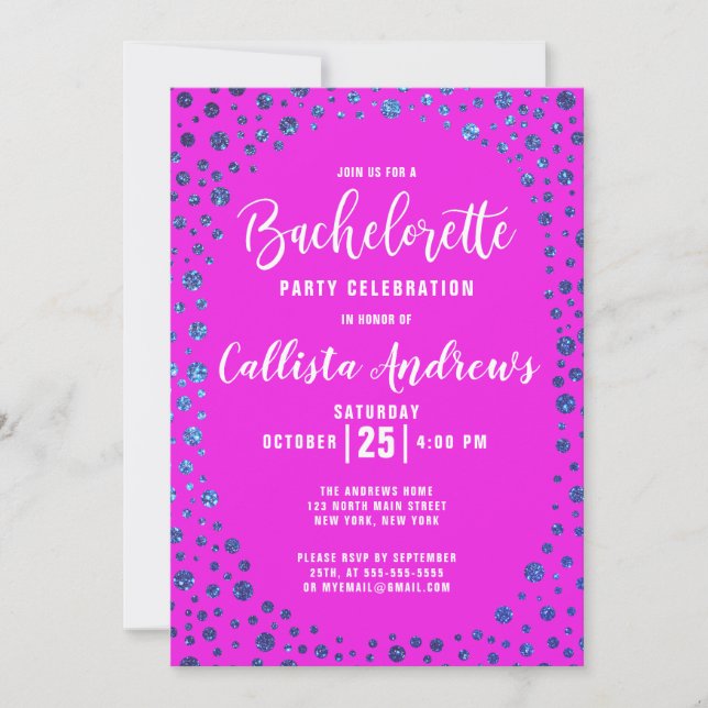 Invitation Parties scintillant Bleue Magenta Confetti Bordure (Devant)