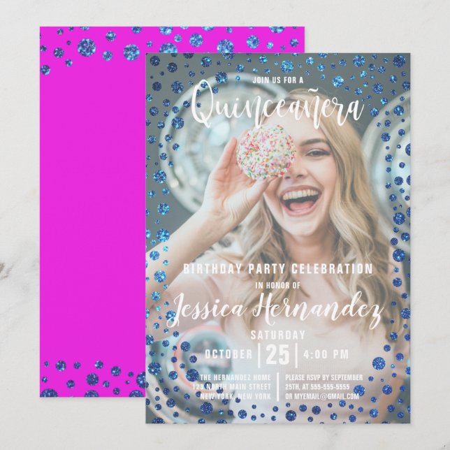 Invitation Parties scintillant bleue Magenta Confetti Photo Q (Devant / Derrière)