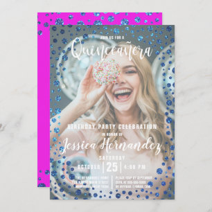 Invitation Parties scintillant bleue Magenta Confetti Photo Q