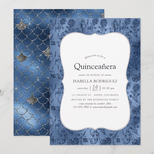 Invitation Parties scintillant bleue Mermaid Motif Quinceaner (Devant / Derrière)