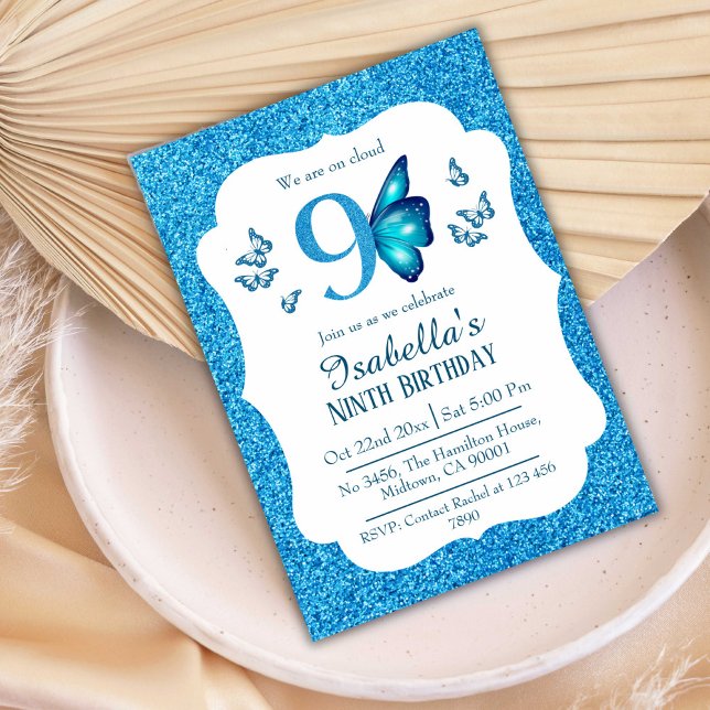 Invitation Parties scintillant bleue mignon pétillant 9e anni (Créateur téléchargé)