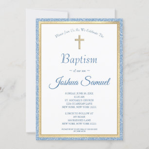 Invitation Parties scintillant Bleue Religieux Croix d'or Boy