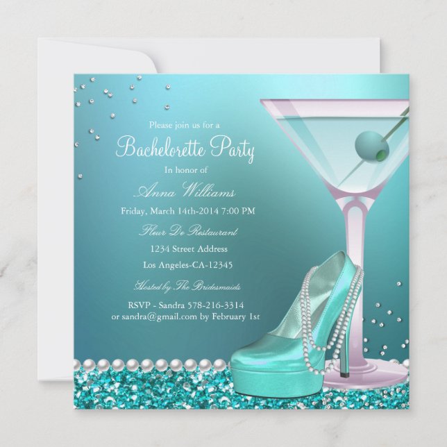 Invitation Parties scintillant bleue turquoise Pearl Bachelor (Devant)