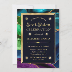 Invitation Parties scintillant bleue, verte et or Agate Sweet