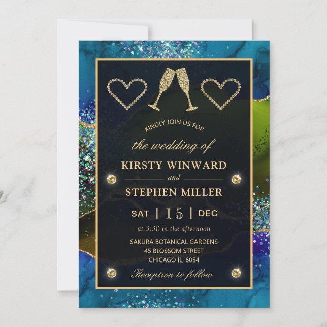 Invitation Parties scintillant bleue, verte et or Peacock Aga (Devant)