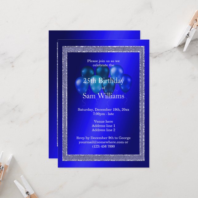 Invitation Parties scintillant bleues et ballons d'anniversai (Devant/Arrière en situation)