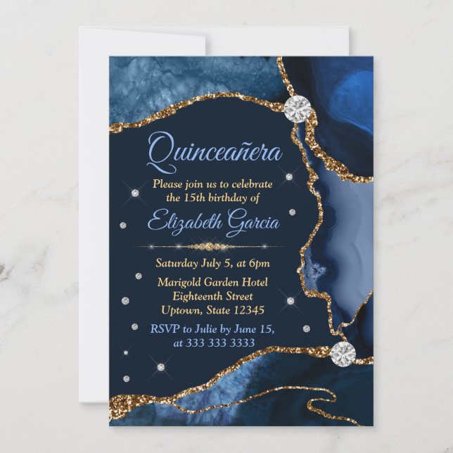 Invitation Parties scintillant Blue et Gold Faux de la Marine (Devant)